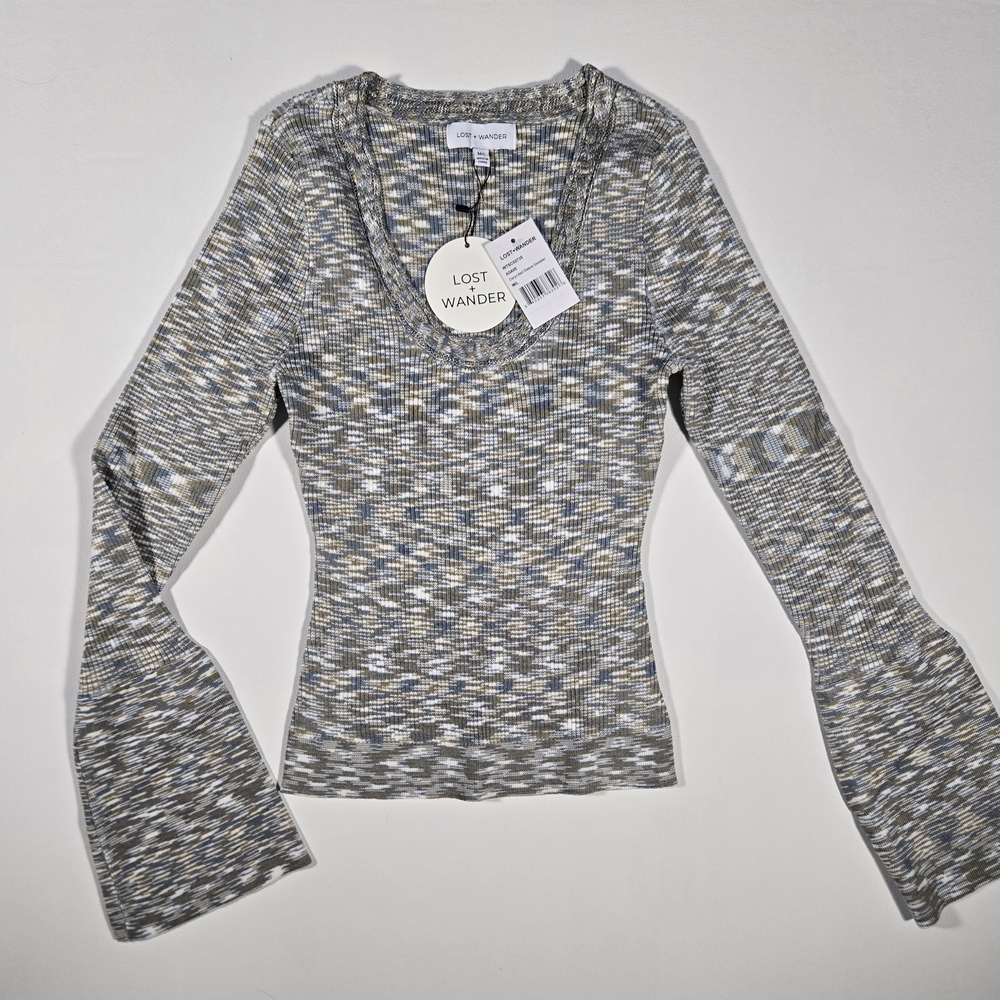 NWT Lost + Wander Daryn Bell Sleeve Ribbed Knit Sweater Agave M/L